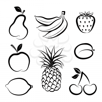 Fruit icon set. Hand drawn sketch collection of fruita and berries.