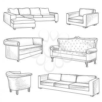 Furniture set. Interior detail outline sketch collection: bed, sofa, settee, armchair.