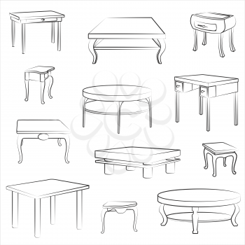 Furniture set. Interior detail outline collectionof different table and desk.