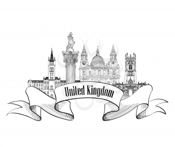  United Kingdom of Great Britain label. Famous english architectural landmarks. England symbol. Visit UK. Travel Europe banner.