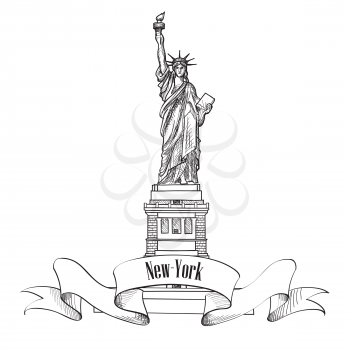  Liberty Statue, New York, USA. Hand draw sketch of american symbol isolated