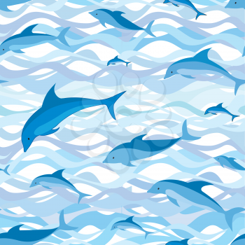 Dolphin seamless pattern. Sea waves and fish background. 