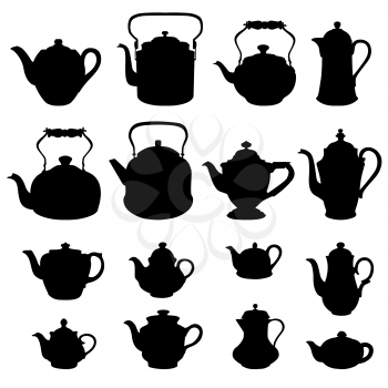 Kettles set. Teapots silhouette collection. Coffee pot isolated. Logo eign elements.