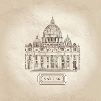 Vatican old paper textured architectural background. St. Peter's Cathedral, Rome, Italy.