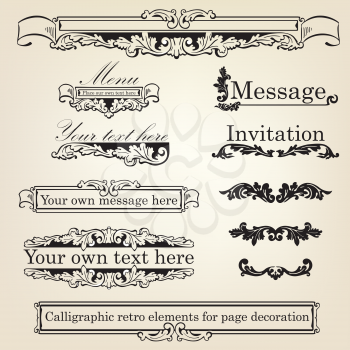 Calligraphic flourish design elements. Page decoration doodle vignette set in retro style. Elegant vintage borders and dividers for greeting card, retro party, wedding invitation