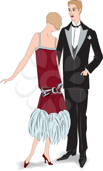 Couple on party. Man and woman in cocktail dress in vintage style 1920's. Portrait of an attractive flapper girl with her boyfriend. Retro fashion vector illustration isolated on white background.