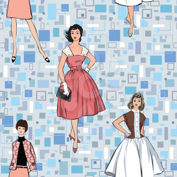 Stylish fashion dressed girls seamless pattern. Retro fashion party. vintage fashion silhouettes from 60s background