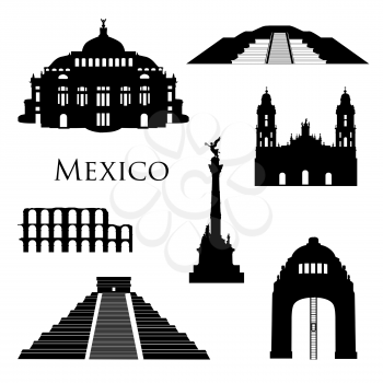 Mexico city landmarks icon set. Famous  buildings silhouettes. Travel Brazil signs