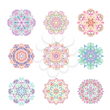 Mandala Vector Design Elements. Round ornament decoration. Flower patterns. Stylized floral motif. Abstract geometric pattern for kaleidoscope, medallion, yoga, indian, arabic decor