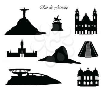 Rio de Janeiro city signs. Landmarks set. Cityscape silhouette with buildings and mountains.