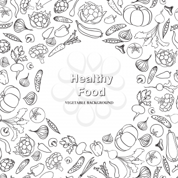  Vegetable background. Healthy food frame decor. Food ingredient doodle line pattern.
