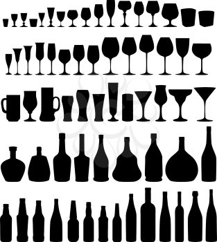 Glass and bottle vector silhouette collection. Set of different drinks and bottles isolated on white background.