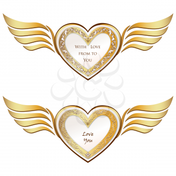 Golden Wing Heart Set. Love hearts pattern for Valentine's day holiday ornamental decor element. Good for greeting card design