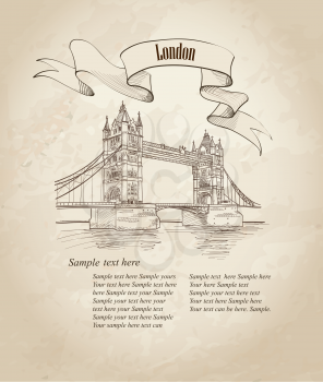 Tower Bridge, London, England, UK, Europe. Hand drawing old fashion illustration background with copy space.