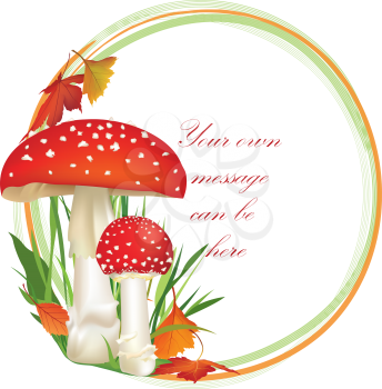 Red poison mushroom. Autumn frame with copy space. Floral fall border isolated on white background.