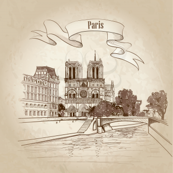 Notre Dame de Paris cathedral, France. Hand drawing vector illustration isolated on old paper background.