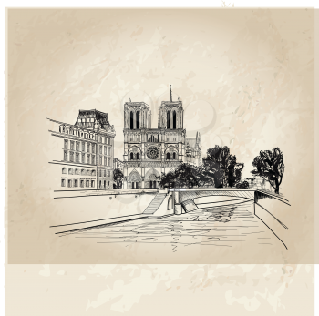 Notre Dame de Paris cathedral, France. Hand drawing vector illustration isolated on old paper background.