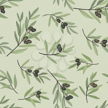 Olive seamless pattern. Hand drawn olive branch background. Old fashion olive decorative texture for label, pack.