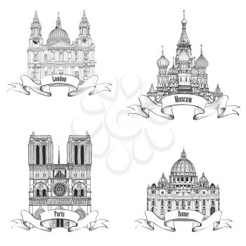Travel Europe vector set. Famous european landmarks collection. City symbols: Paris (Notre Dame Cathedral), London (St Paul Cathedral), Rome (St. Peter Cathedral), Moscow (St. Basil Cathedral)