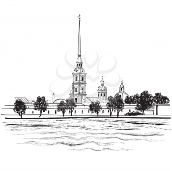 St.-Petersburg landmark Peter and Paul Cathedral. Russian cityscape vector background. Landscape: View from Neva river on Peter and Paul Fortress in Spb, Russia.