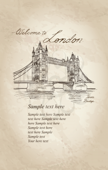 Tower Bridge, London, England, UK, Europe. Hand drawing old fashion illustration background with copy space.