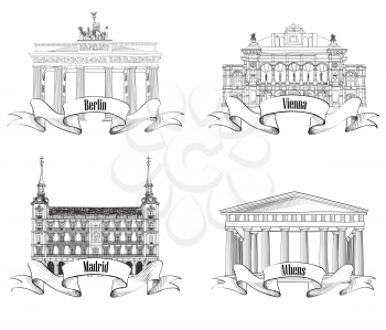 European city: Athens, Berlin, Madrid, Vienna. Landmarks Label Set. Travel Europe Symbol Collection: Germany, Spain, Austria, Greece.