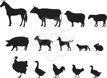 Farm animals silhouette icon set. Livestock.