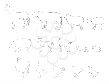 Farm animals drawn sketch icon set. Livestock.