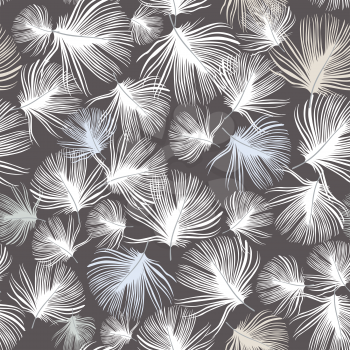 Feather pattern. White feathers on gray background. natural pillow seamless texture.