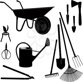 Gardening tools isolated. Garden equipment silhouette set.