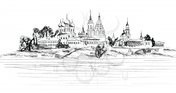 Old russian town landscape hand drawn vector illustration. Suzdal Kremlin. View of Suzdal cityscape. The Golden Ring of Russia.