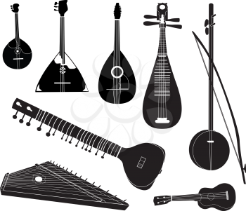 Ethnic music instruments vector set. Musical instrument silhouette on white background.