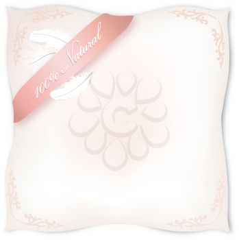 White pillow isolated. Natural Feather sign. Product label.