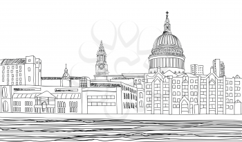 St Paul's Cathedral. London landscape with River Thames, England UK . Hand drawn pencil vector illustration.