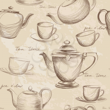 Cup, pot, kettle seamless pattern. Tea time hot drinks background