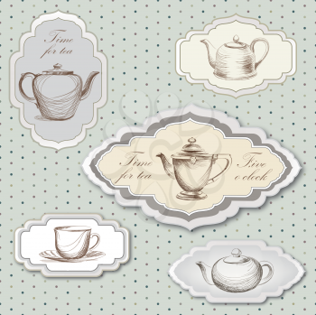 Tea cup and kettle retro card. Tea time vintage label. Tea cup and pot label set in vintage style.