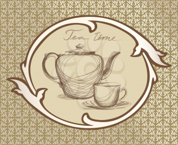 Tea cup and kettle retro card. Tea time vintage label. Tea cup and pot label set in vintage style.