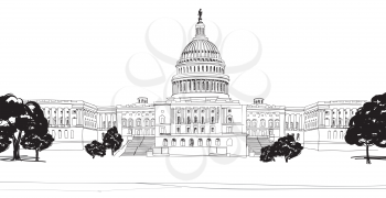 Washington DC Capitol landscape, USA. Pencil Drawing. Capitol Building Hand Drawn Vector Illustration. United States Capitol Grunge Rubber Stamp (Capitol hill, U. S. Capitol dome)