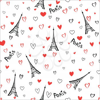 Travel France seamless pattern. Paris city vacation wallpaper. Eiffel tower landmark background with love hearts