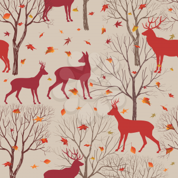 Animals in autumn forest pattern. Fall leaves and trees seamless background. Deer Vintage Christmas elements. Reindeer seamless pattern background. Editable vector texture.