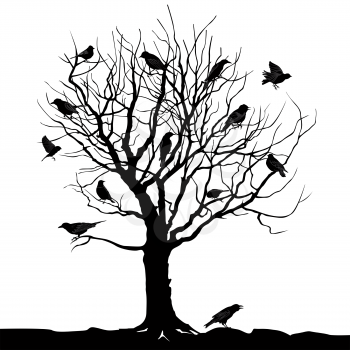 Winter tree with birds on twig vector silhouette illustration