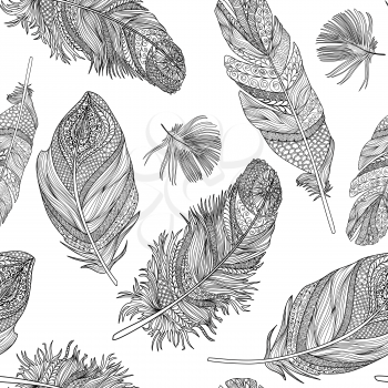 Feather seamless pattern. Vector feathers on a white background. Vintage tribal feather collection. Series of doodle feather.