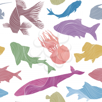 Fish seamless pattern Sketch underwater marine textured background.