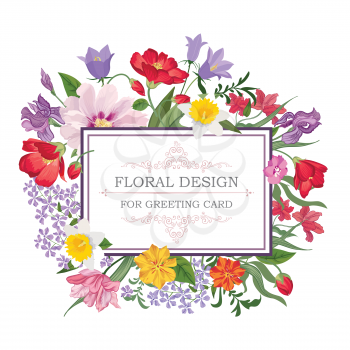 Floral frame with summer flowers. Floral bouquet pattern. Vintage Greeting Card with flowers. Watercolor flourish border. Floral background.