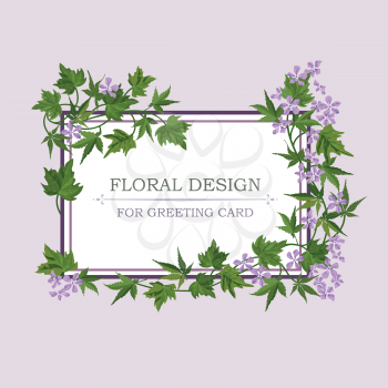 Floral frame with summer flowers. Floral bouquet with lilac wildflower. Vintage Greeting Card with flowers. Watercolor flourish border. Floral background.
