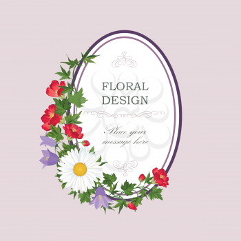 Floral frame with summer flowers. Floral bouquet with rose, narcissus, carnation, lilac and wildflower. Vintage Greeting Card with flowers. Watercolor flourish border. Floral background.