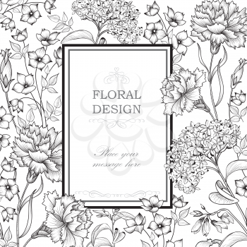 Floral background. Flower bouquet border. Floral vintage cover. Flourish card with copy space.