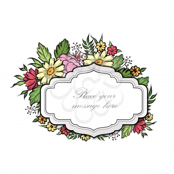 Floral frame with summer flowers. Floral bouquet with rose,  carnation and wildflower. Vintage Greeting Card with flowers. Ornamental decorative flourish border. Floral background.