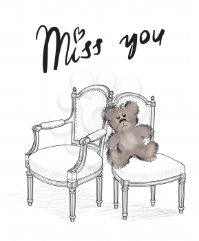 Miss you note with bear. Valentine's day greeting card