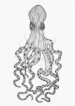 Octopus with tentacles doodle ornamental illustration isoalted on white. Octopus character swimming underwater. Zentagle vector sketch